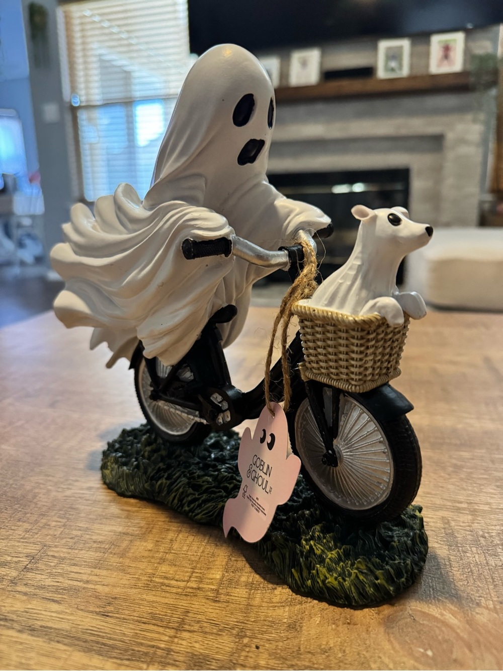 Goblin & Ghoul - Ghost on Bicycle with Dog Halloween Figurine - White and Black
